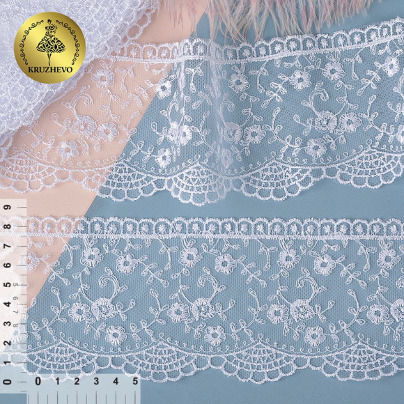 Кружево на сетке KRUZHEVO арт.TR.16GB0422 шир.85мм цв.01 белый, уп.9м