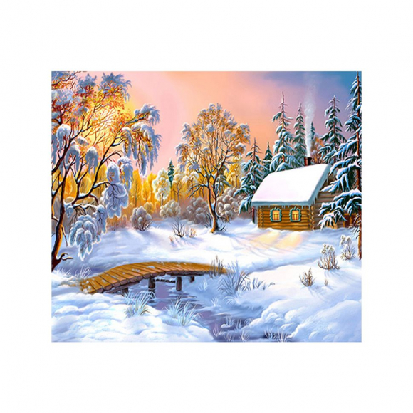 161515_Картина стразами "Зимний домик у реки"