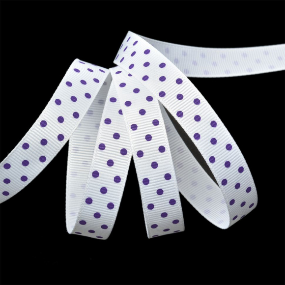 Лента репсовая в рубчик арт.LDRG02946512 (79) крупный горошек 12мм цв.белый-сиреневый уп.27,4м