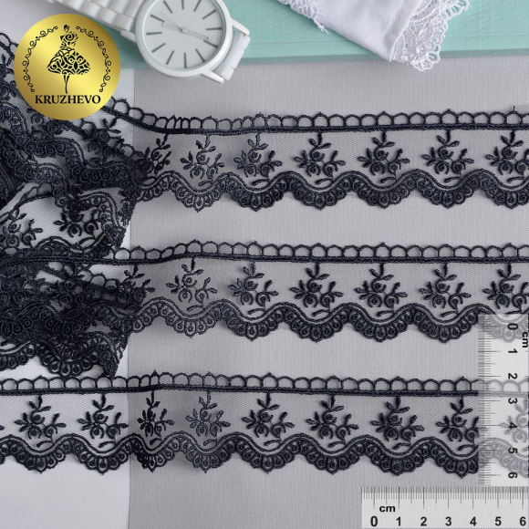Кружево на сетке KRUZHEVO арт.TR.8B0110 шир.40мм цв.03 т.синий уп.9м Кружево на сетке KRUZHEVO арт.TR.8B0110 шир.40мм цв.03 т.синий уп.9м
