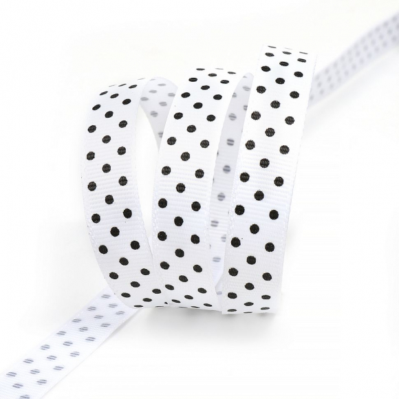 Лента репсовая в рубчик арт.LDRG02903012 (70) крупный горошек 12мм цв.белый-черный уп.27,4м