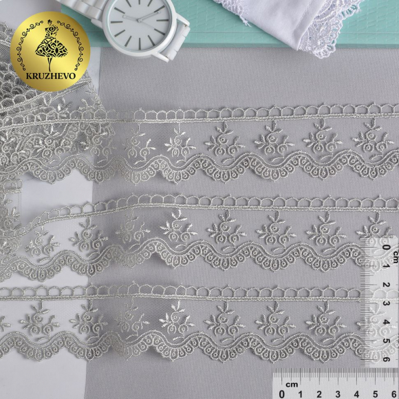 Кружево на сетке KRUZHEVO арт.TR.8B0110 шир.40мм цв.04 серый уп.9м Кружево на сетке KRUZHEVO арт.TR.8B0110 шир.40мм цв.04 серый уп.9м