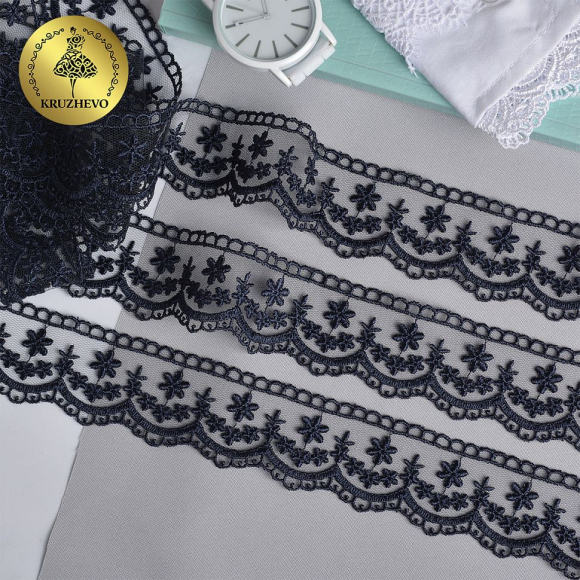 Кружево на сетке KRUZHEVO арт.TR.8B1176 шир.35мм цв.03 т.синий уп.9м Кружево на сетке KRUZHEVO арт.TR.8B1176 шир.35мм цв.03 т.синий уп.9м