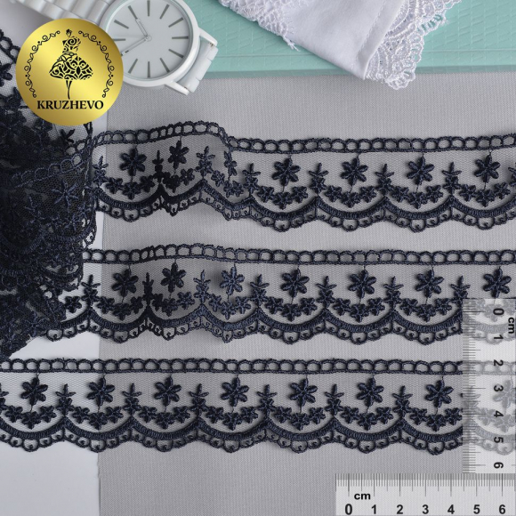 Кружево на сетке KRUZHEVO арт.TR.8B1176 шир.35мм цв.03 т.синий уп.9м Кружево на сетке KRUZHEVO арт.TR.8B1176 шир.35мм цв.03 т.синий уп.9м