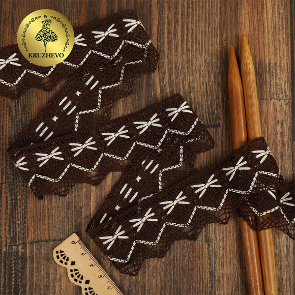 Кружево из мерсеризованного хлопка KRUZHEVO 37мм арт.TR.K-10034 цв.коричневый+белый, уп.3м