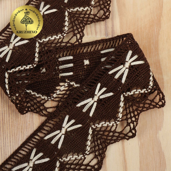 Кружево из мерсеризованного хлопка KRUZHEVO 37мм арт.TR.K-10034 цв.коричневый+белый, уп.3м