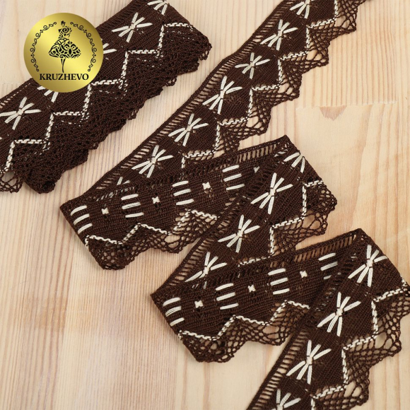 Кружево из мерсеризованного хлопка KRUZHEVO 37мм арт.TR.K-10034 цв.коричневый+белый, уп.3м