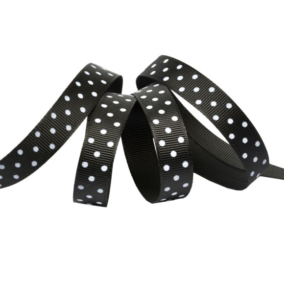 Лента репсовая в рубчик арт.LDRG03002912 (82) крупный горошек 12мм цв.черный-белый уп.27,4м