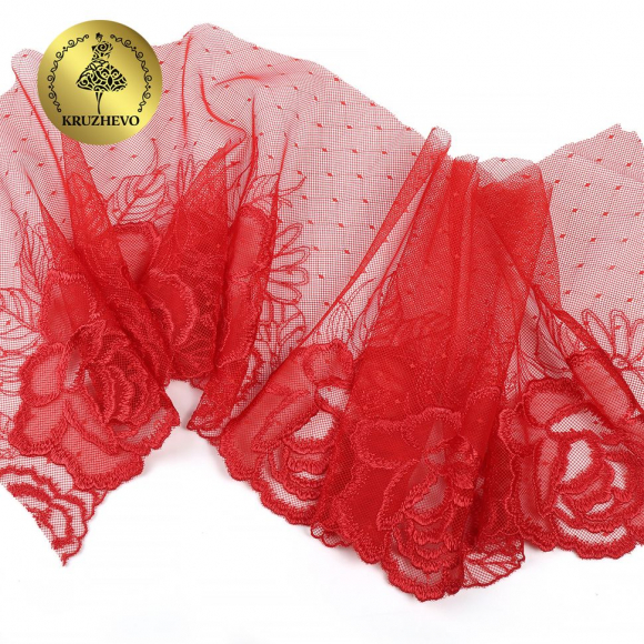 Кружево вышивка на сетке KRUZHEVO арт.TBY.OG46 шир.210мм цв.красный, правая уп.6м