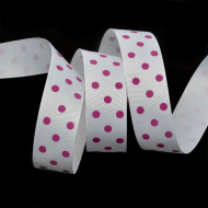 Лента репсовая в рубчик арт.LDRG02918725 (74) крупный горошек 25мм цв.белый-розовый уп.27,4м