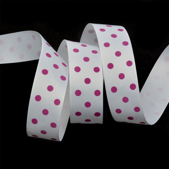 Лента репсовая в рубчик арт.LDRG02918725 (74) крупный горошек 25мм цв.белый-розовый уп.27,4м