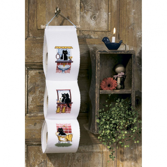 Набор для вышивания PERMIN арт.41-9308 Держатель для туалетной бумаги Кошка в душе 12х60 см