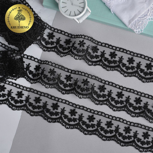 Кружево на сетке KRUZHEVO арт.TR.8B1176 шир.35мм цв.05 черный уп.9м Кружево на сетке KRUZHEVO арт.TR.8B1176 шир.35мм цв.05 черный уп.9м
