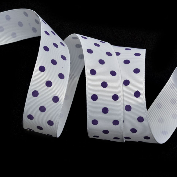 Лента репсовая в рубчик арт.LDRG02946525 (80) крупный горошек 25мм цв.белый-сиреневый уп.27,4м