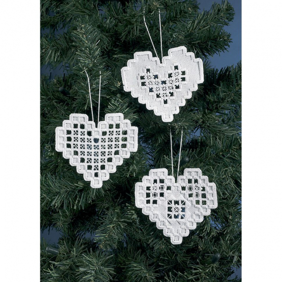 Набор для вышивания PERMIN арт.01-4616 Украшения на елку в технике хардангер Сердца 10х10 см