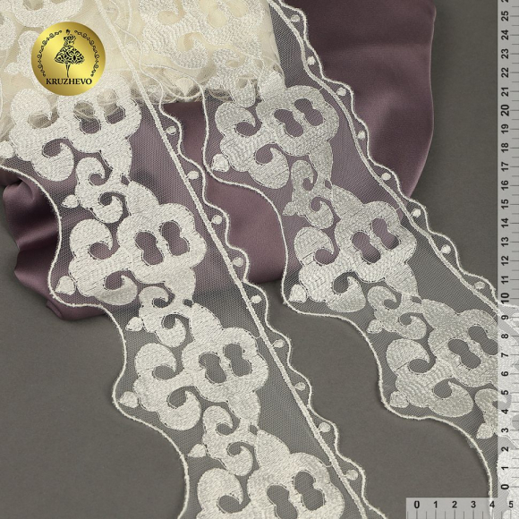Кружево на сетке KRUZHEVO арт.TR.2117 шир.100мм цв.белый уп.13,5м