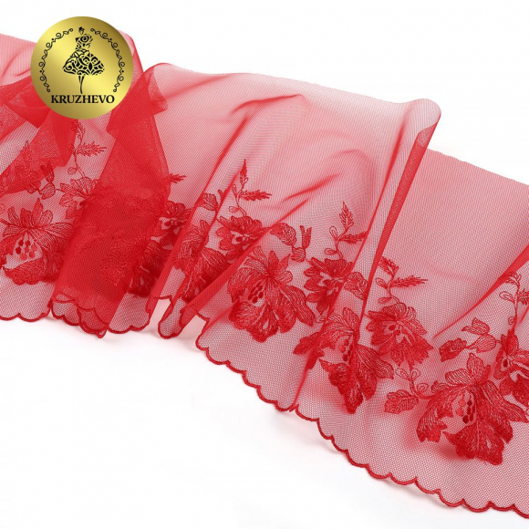 Кружево вышивка на сетке KRUZHEVO арт.TBY.OG44 шир.225мм цв.красный, левая уп.6м