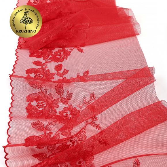 Кружево вышивка на сетке KRUZHEVO арт.TBY.OG44 шир.225мм цв.красный, левая уп.6м