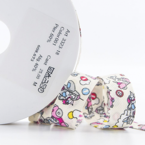 Косая бейка с детским принтом, 18 мм, цвет молочно-белый с розовым