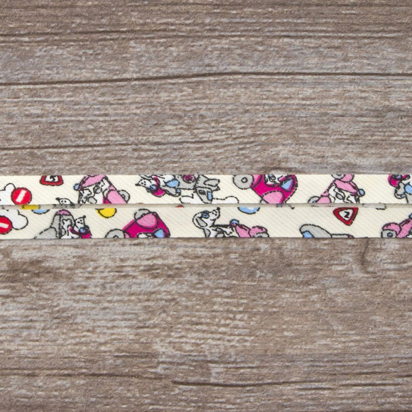 Косая бейка с детским принтом, 18 мм, цвет молочно-белый с розовым