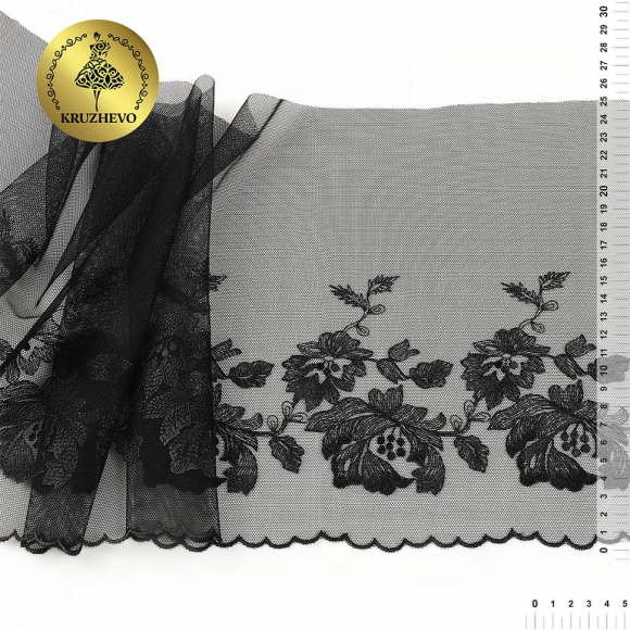 Кружево вышивка на сетке KRUZHEVO арт.TBY.OG44 шир.225мм цв.черный, правая уп.6м