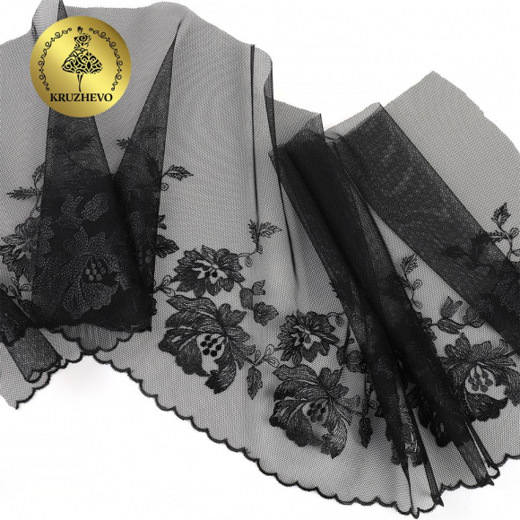 Кружево вышивка на сетке KRUZHEVO арт.TBY.OG44 шир.225мм цв.черный, правая уп.6м