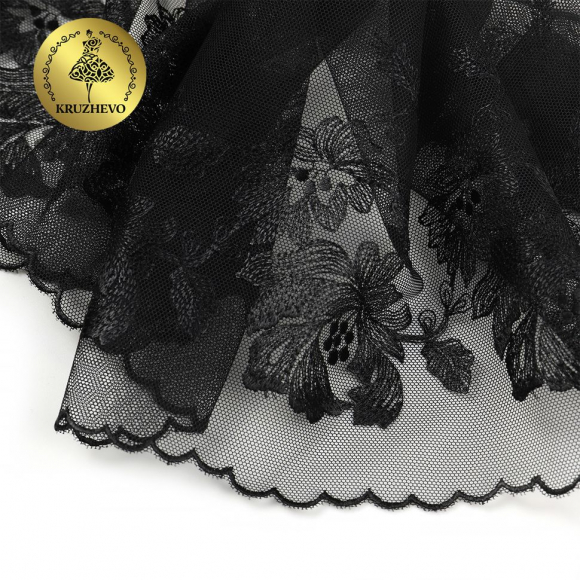 Кружево вышивка на сетке KRUZHEVO арт.TBY.OG44 шир.225мм цв.черный, правая уп.6м