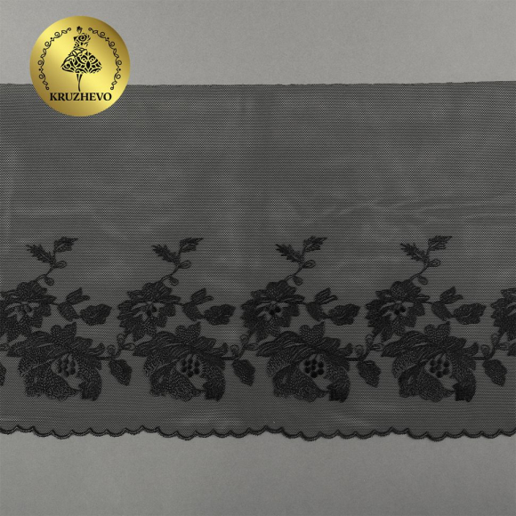 Кружево вышивка на сетке KRUZHEVO арт.TBY.OG44 шир.225мм цв.черный, правая уп.6м