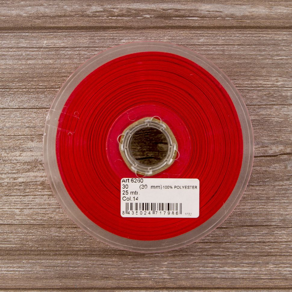 19827_Косая бейка атласная 30 мм, 25 м, цвет 14, красный