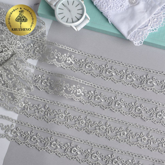 Кружево на сетке KRUZHEVO арт.TR.8B0038B шир.25мм цв.04 серый уп.9м Кружево на сетке KRUZHEVO арт.TR.8B0038B шир.25мм цв.04 серый уп.9м