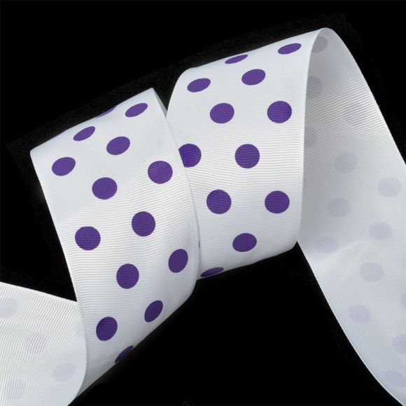 Лента репсовая в рубчик арт.LDRG02946550 (81) крупный горошек 50мм цв.белый-сиреневый уп.27,4м