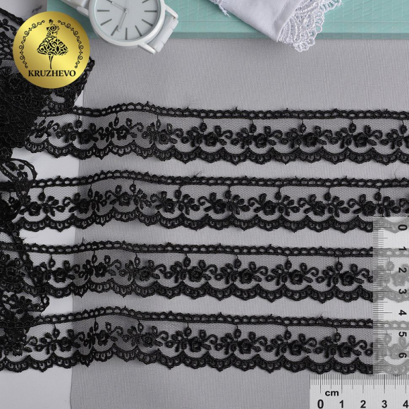 Кружево на сетке KRUZHEVO арт.TR.8B0038B шир.25мм цв.05 черный уп.9м