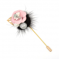 Булавка шляпная металл Цветок с мехом и жемчужинами арт.TBY.63143 87х32мм цв. золото/черный/розовый уп. 5шт