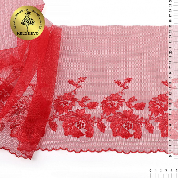 Кружево вышивка на сетке KRUZHEVO арт.TBY.OG44 шир.225мм цв.красный, правая уп.6м