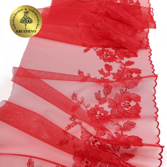 Кружево вышивка на сетке KRUZHEVO арт.TBY.OG44 шир.225мм цв.красный, правая уп.6м