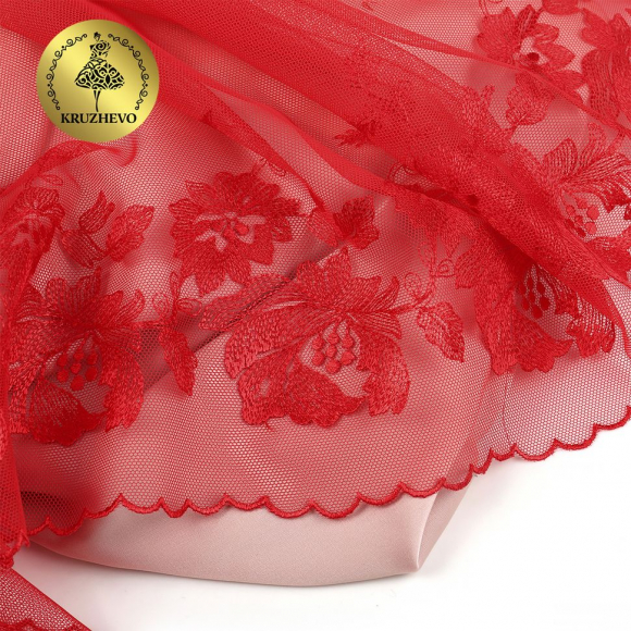 Кружево вышивка на сетке KRUZHEVO арт.TBY.OG44 шир.225мм цв.красный, правая уп.6м