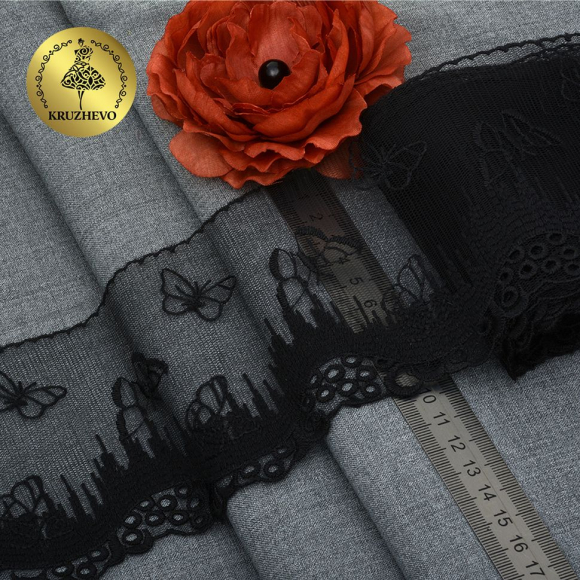 Кружево на сетке матовая нить с бабочками Exclusive арт.TBY.62704 шир.105мм цв.019 черный уп.13,71м