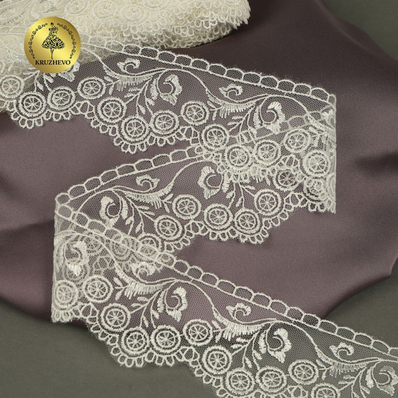 Кружево на сетке KRUZHEVO арт.TR.2111 шир.55мм цв.молочный уп.13,5м