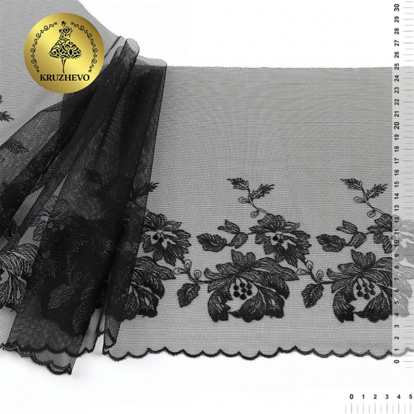 Кружево вышивка на сетке KRUZHEVO арт.TBY.OG44 шир.225мм цв.черный, левая уп.6м