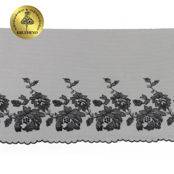 Кружево вышивка на сетке KRUZHEVO арт.TBY.OG44 шир.225мм цв.черный, левая уп.6м