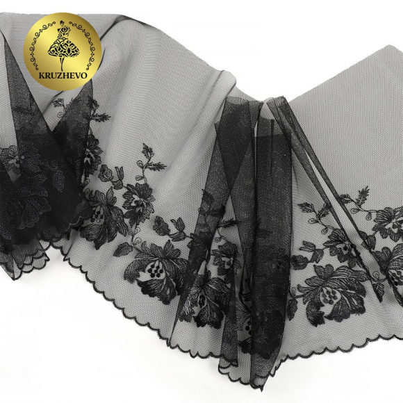 Кружево вышивка на сетке KRUZHEVO арт.TBY.OG44 шир.225мм цв.черный, левая уп.6м