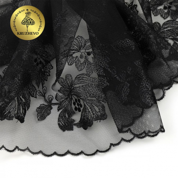 Кружево вышивка на сетке KRUZHEVO арт.TBY.OG44 шир.225мм цв.черный, левая уп.6м