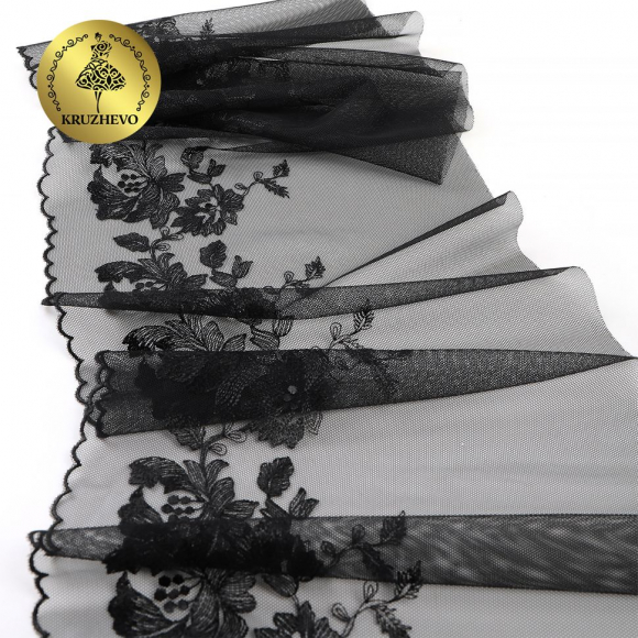 Кружево вышивка на сетке KRUZHEVO арт.TBY.OG44 шир.225мм цв.черный, левая уп.6м