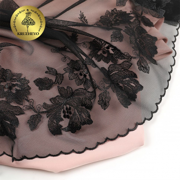Кружево вышивка на сетке KRUZHEVO арт.TBY.OG44 шир.225мм цв.черный, левая уп.6м