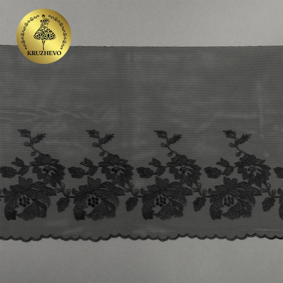Кружево вышивка на сетке KRUZHEVO арт.TBY.OG44 шир.225мм цв.черный, левая уп.6м