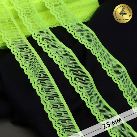 Кружево-стрейч KRUZHEVO арт.TBY.8028 шир.25мм цв.F229 зелено-желтый неон уп.50м