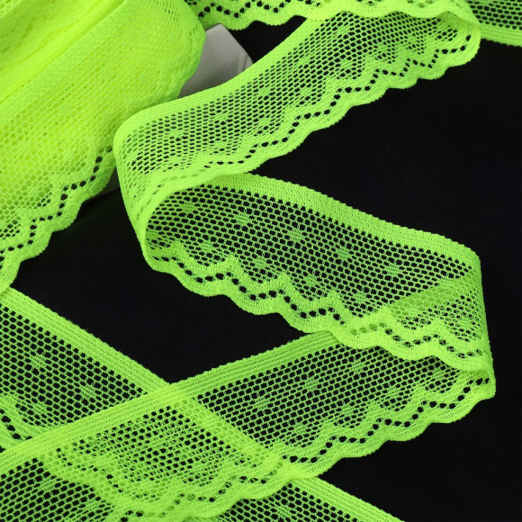 Кружево-стрейч KRUZHEVO арт.TBY.8028 шир.25мм цв.F229 зелено-желтый неон уп.50м