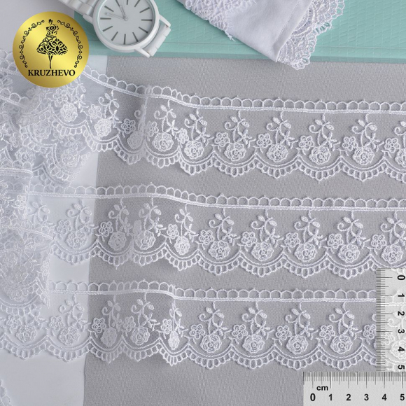 Кружево на сетке KRUZHEVO арт.TR.8B0100 шир.45мм цв.01 белый уп.9м