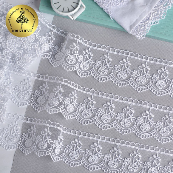 Кружево на сетке KRUZHEVO арт.TR.8B0100 шир.45мм цв.01 белый уп.9м