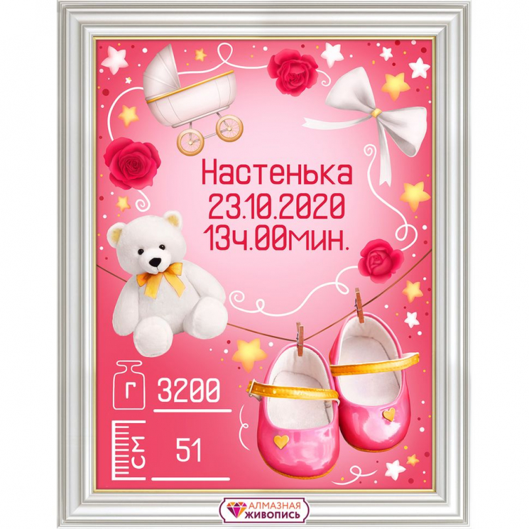 Набор для изготовления картин АЛМАЗНАЯ ЖИВОПИСЬ арт.АЖ.1904 Метрика для девочки с игрушками 30х40 см